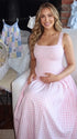 Pink Gingham Maternity Maxi Dress – Spaghetti Strap Princess Dress with Adjustable Straps, Flowy Waist Baby Shower Outfit