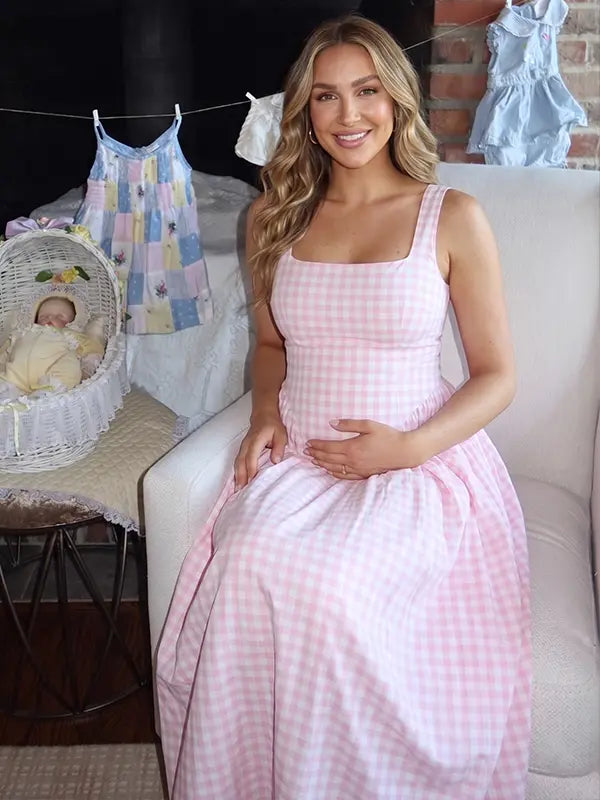 Pink Gingham Maternity Maxi Dress – Spaghetti Strap Princess Dress with Adjustable Straps, Flowy Waist Baby Shower Outfit