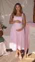 Pink Gingham Maternity Maxi Dress – Spaghetti Strap Princess Dress with Adjustable Straps, Flowy Waist Baby Shower Outfit