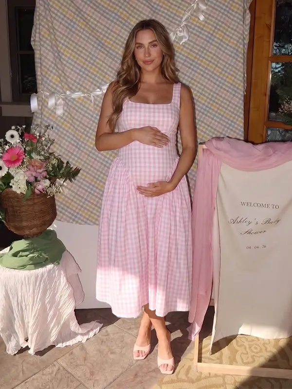 Pink Gingham Maternity Maxi Dress – Spaghetti Strap Princess Dress with Adjustable Straps, Flowy Waist Baby Shower Outfit