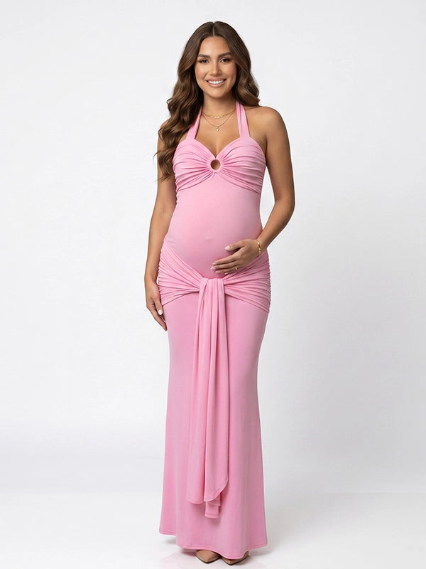 Pink Halter Ring-Detail Ruched Maternity Maxi Gown
