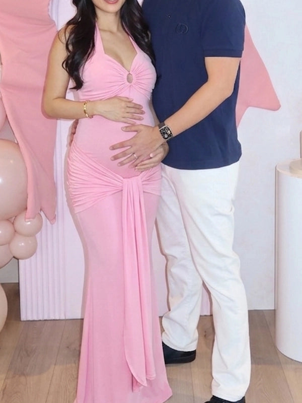 Pink Halter Ring-Detail Ruched Maternity Maxi Gown