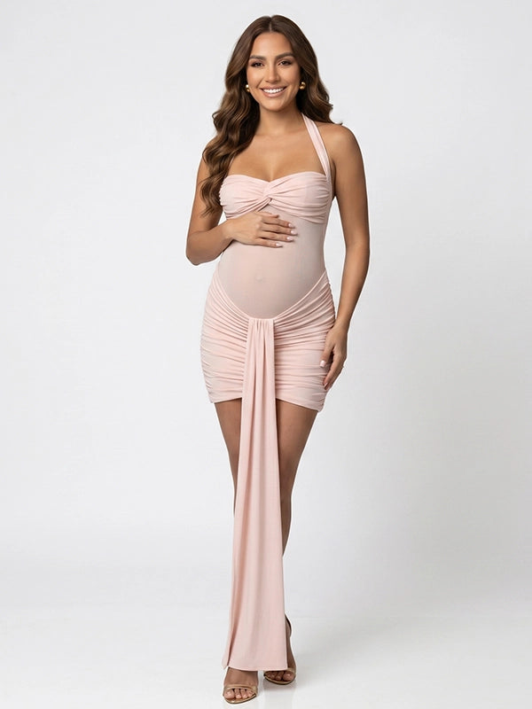 Pink Halter Ruched Maternity Mini Dress with Dramatic Sash