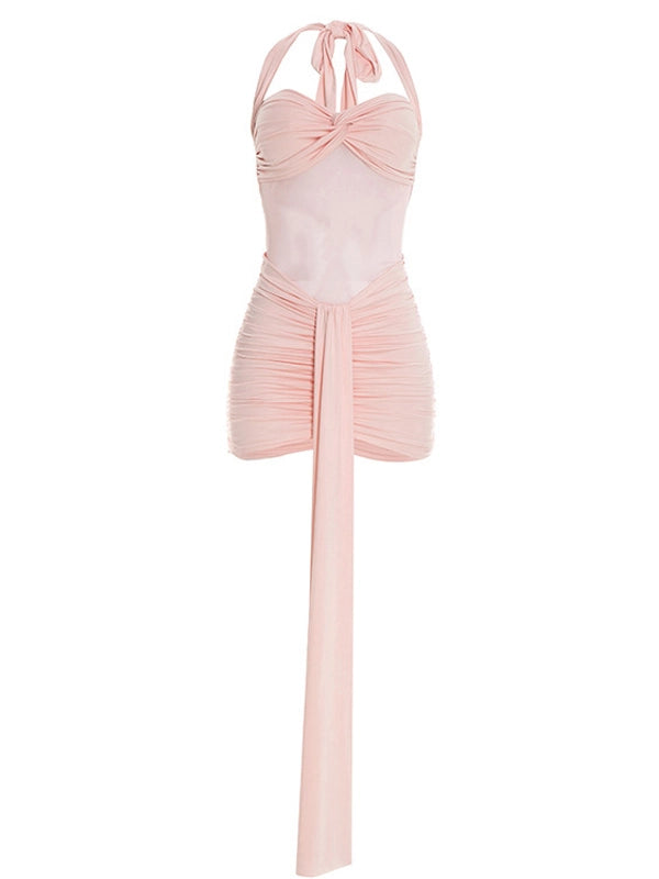 Pink Halter Ruched Maternity Mini Dress with Dramatic Sash