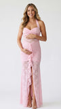 Pink Lace Halter Ruffle Mermaid Maternity Maxi Gown