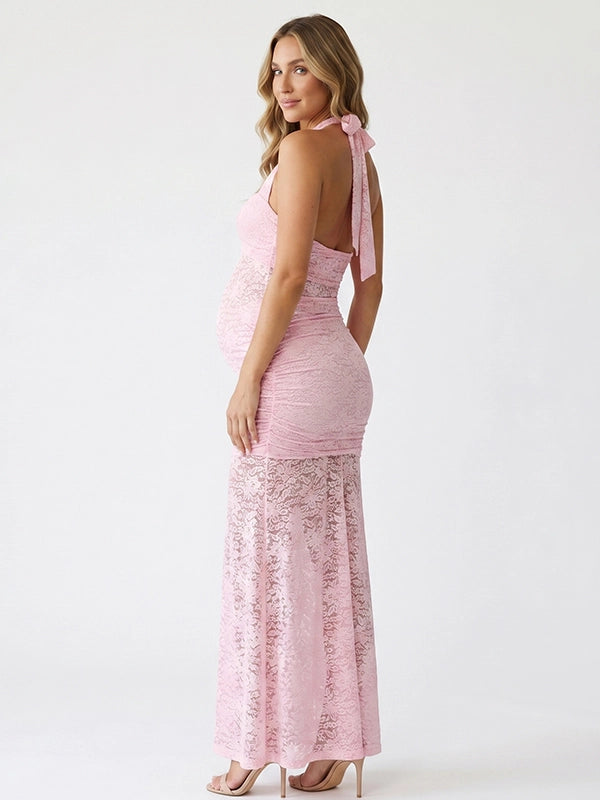 Pink Lace Halter Ruffle Mermaid Maternity Maxi Gown