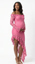 Blush Pink Lace Off-Shoulder Maternity Dress – Sheer Long Sleeve Bodycon Asymmetrical Gown
