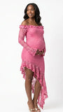 Blush Pink Lace Off-Shoulder Maternity Dress – Sheer Long Sleeve Bodycon Asymmetrical Gown