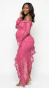 Blush Pink Lace Off-Shoulder Maternity Dress – Sheer Long Sleeve Bodycon Asymmetrical Gown