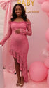 Blush Pink Lace Off-Shoulder Maternity Dress – Sheer Long Sleeve Bodycon Asymmetrical Gown