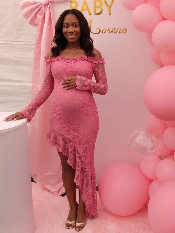 Blush Pink Lace Off-Shoulder Maternity Dress – Sheer Long Sleeve Bodycon Asymmetrical Gown