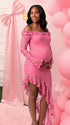 Blush Pink Lace Off-Shoulder Maternity Dress – Sheer Long Sleeve Bodycon Asymmetrical Gown