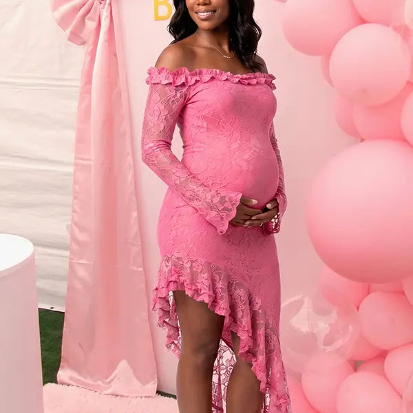 Blush Pink Lace Off-Shoulder Maternity Dress – Sheer Long Sleeve Bodycon Asymmetrical Gown