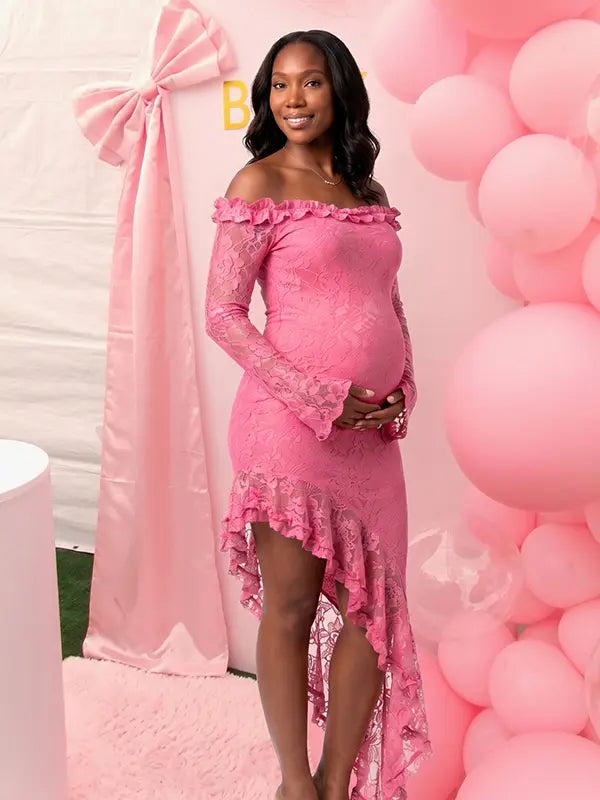 Blush Pink Lace Off-Shoulder Maternity Dress – Sheer Long Sleeve Bodycon Asymmetrical Gown