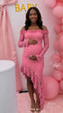 Blush Pink Lace Off-Shoulder Maternity Dress – Sheer Long Sleeve Bodycon Asymmetrical Gown