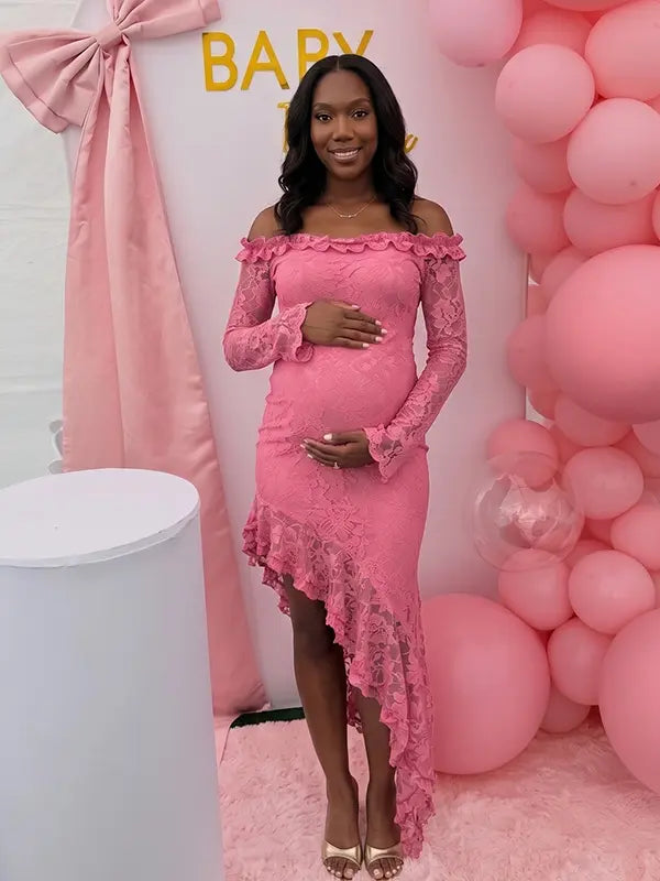 Blush Pink Lace Off-Shoulder Maternity Dress – Sheer Long Sleeve Bodycon Asymmetrical Gown