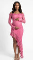 Blush Pink Lace Off-Shoulder Maternity Dress – Sheer Long Sleeve Bodycon Asymmetrical Gown