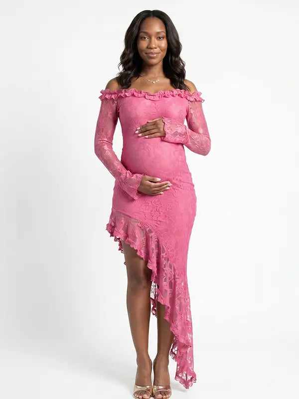 Blush Pink Lace Off-Shoulder Maternity Dress – Sheer Long Sleeve Bodycon Asymmetrical Gown