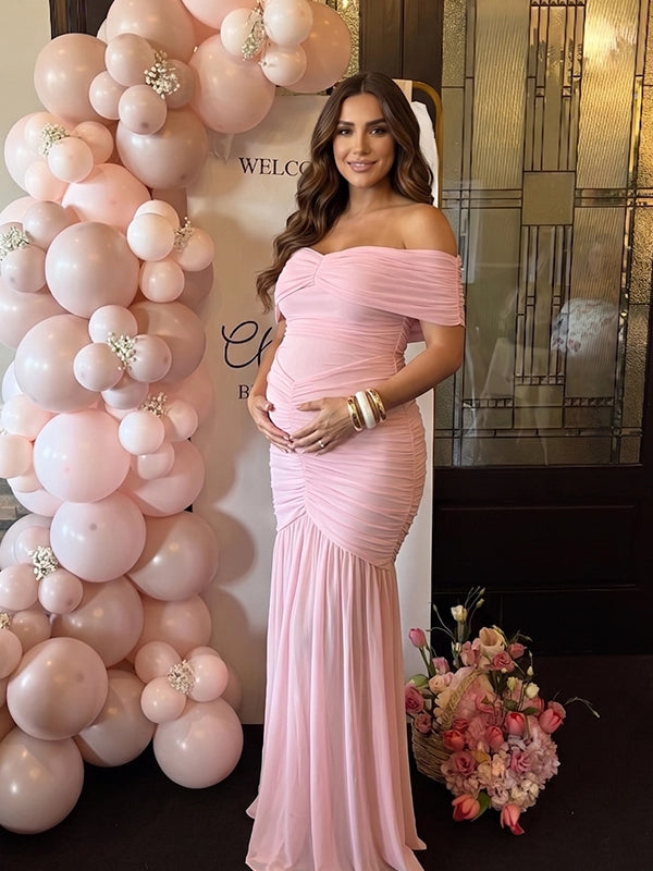 Blush Pink Off Shoulder Ruched Mermaid Elegant Maternity Maxi Gown