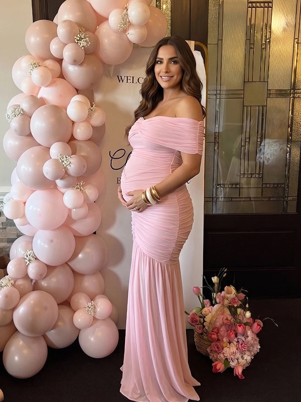 Blush Pink Off Shoulder Ruched Mermaid Elegant Maternity Maxi Gown