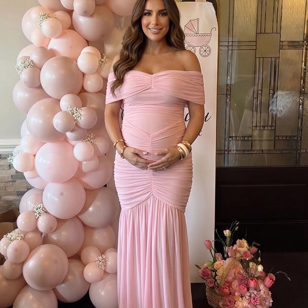 Blush Pink Off Shoulder Ruched Mermaid Elegant Maternity Maxi Gown