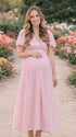 Pink soft cotton linen maternity maxi dress with short puff sleeve and v-neck