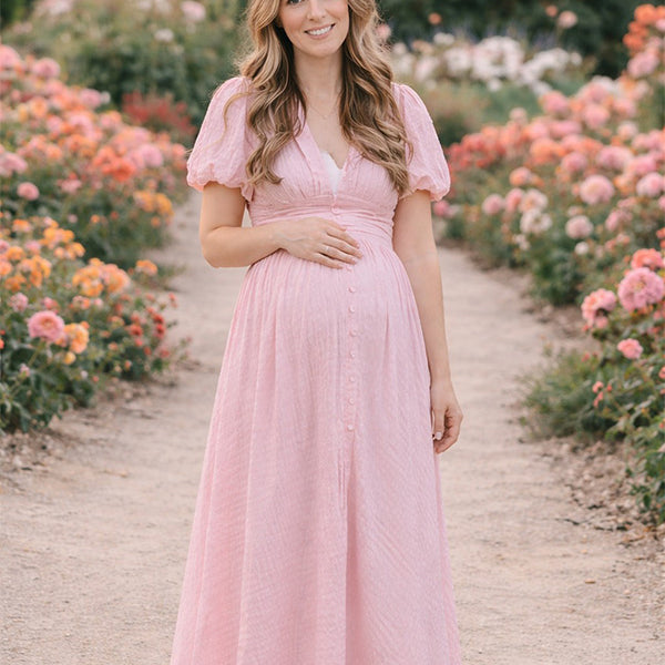 Pink soft cotton linen maternity maxi dress with short puff sleeve and v-neck