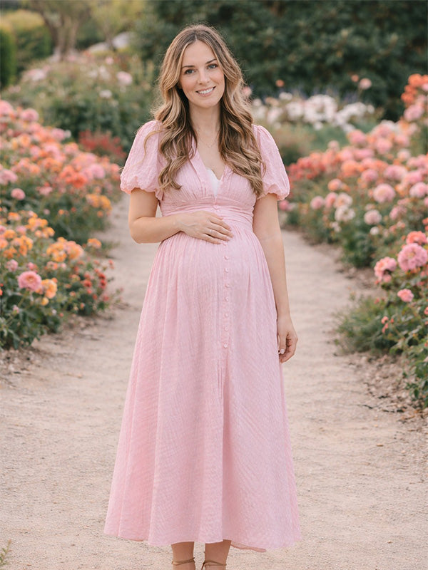 Pink soft cotton linen maternity maxi dress with short puff sleeve and v-neck