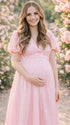 Pink soft cotton linen maternity maxi dress with short puff sleeve and v-neck