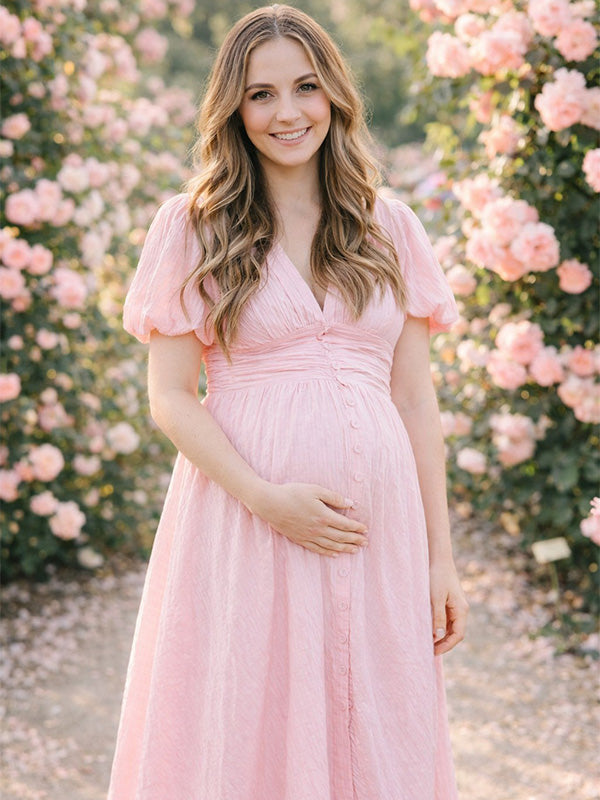 Pink soft cotton linen maternity maxi dress with short puff sleeve and v-neck