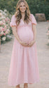 Pink soft cotton linen maternity maxi dress with short puff sleeve and v-neck