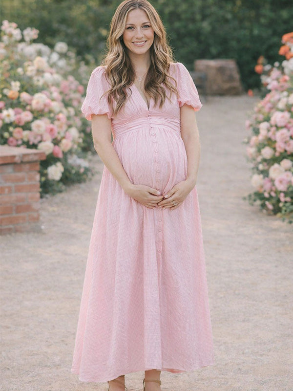 Pink soft cotton linen maternity maxi dress with short puff sleeve and v-neck