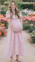 Pink soft cotton linen maternity maxi dress with short puff sleeve and v-neck