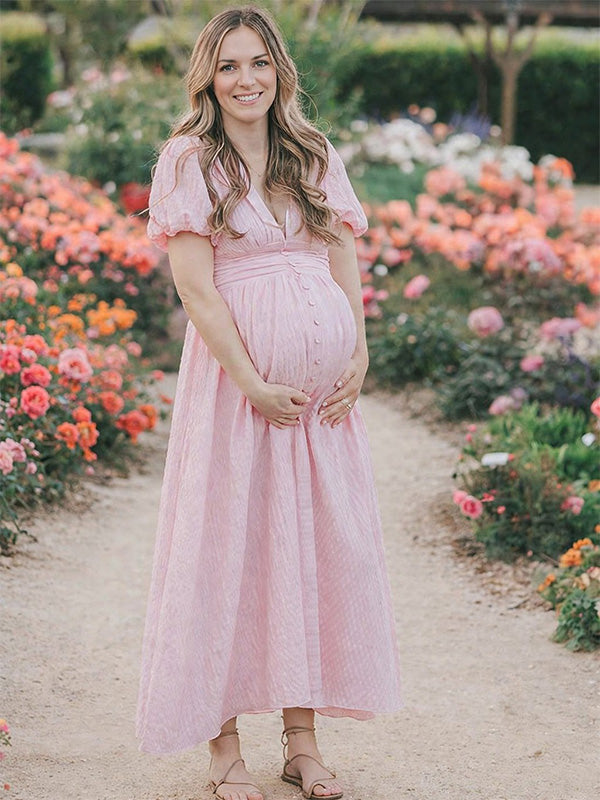 Pink soft cotton linen maternity maxi dress with short puff sleeve and v-neck