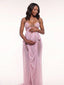 Pink Sheer Tulle Goddess Maternity Gown — Rhinestone Chain Halter Maxi Dress