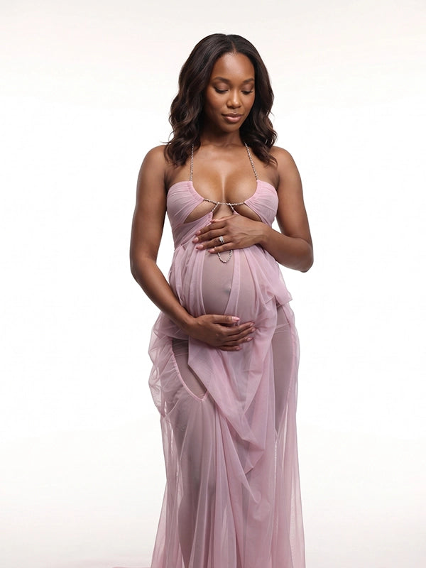 Pink Sheer Tulle Goddess Maternity Gown — Rhinestone Chain Halter Maxi Dress