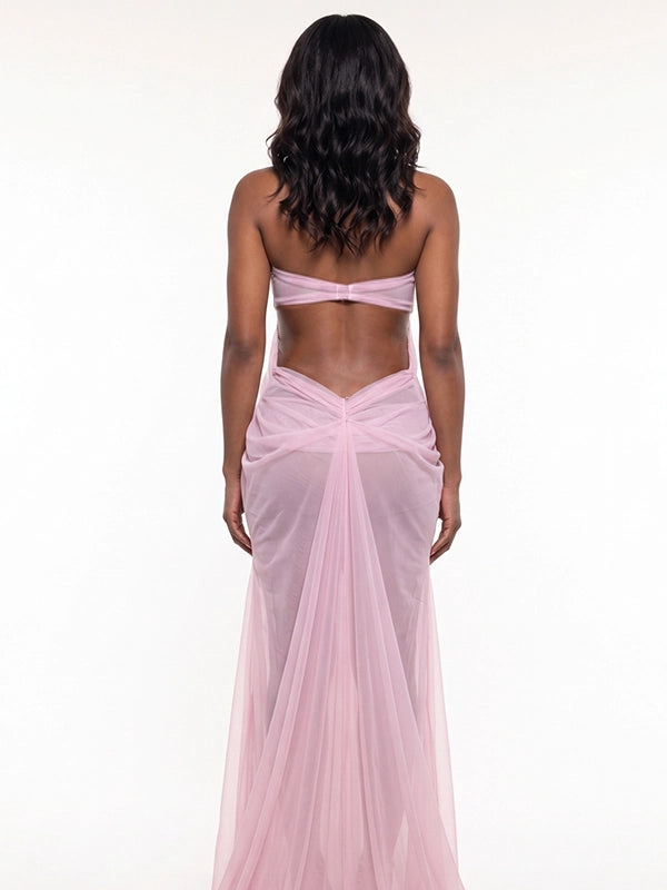 Pink Sheer Tulle Goddess Maternity Gown — Rhinestone Chain Halter Maxi Dress