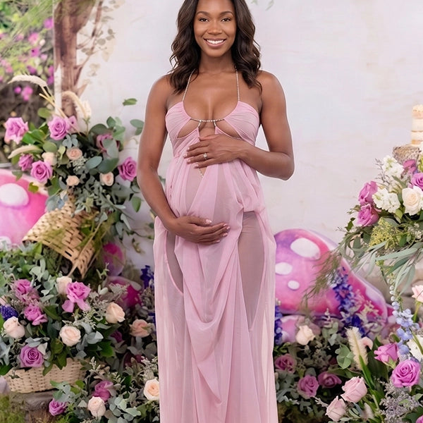 Pink Sheer Tulle Goddess Maternity Gown — Rhinestone Chain Halter Maxi Dress
