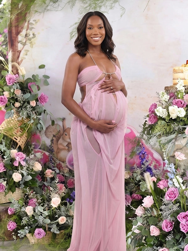 Pink Sheer Tulle Goddess Maternity Gown — Rhinestone Chain Halter Maxi Dress