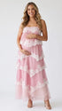 A pink tiered lace maternity maxi dress with layered chiffon, white lace trim, and an adjustable lace-up back for baby shower, maternity photoshoot, gender reveal, and bridal shower.