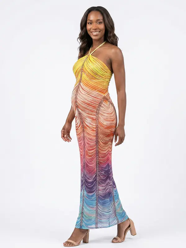 Rainbow Rhinestone Maternity Maxi Dress – Halter Neck Bodycon Gown with Gradient Beaded Design Elegant Photoshoot Dress