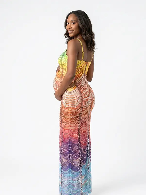 Rainbow Rhinestone Maternity Maxi Dress – Halter Neck Bodycon Gown with Gradient Beaded Design Elegant Photoshoot Dress
