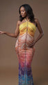 Rainbow Rhinestone Maternity Maxi Dress – Halter Neck Bodycon Gown with Gradient Beaded Design Elegant Photoshoot Dress