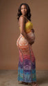 Rainbow Rhinestone Maternity Maxi Dress – Halter Neck Bodycon Gown with Gradient Beaded Design Elegant Photoshoot Dress