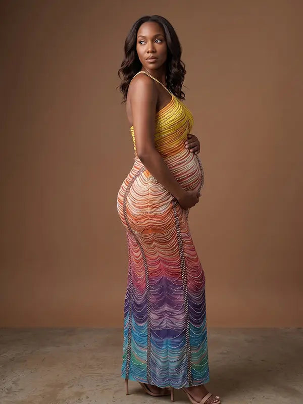 Rainbow Rhinestone Maternity Maxi Dress – Halter Neck Bodycon Gown with Gradient Beaded Design Elegant Photoshoot Dress
