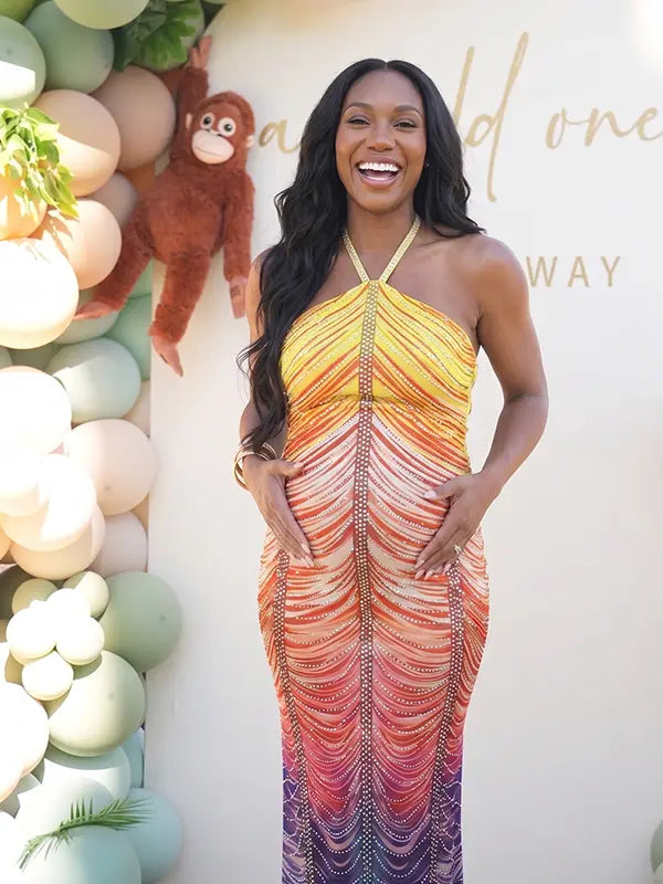 Rainbow Rhinestone Maternity Maxi Dress – Halter Neck Bodycon Gown with Gradient Beaded Design Elegant Photoshoot Dress