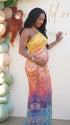 Rainbow Rhinestone Maternity Maxi Dress – Halter Neck Bodycon Gown with Gradient Beaded Design Elegant Photoshoot Dress