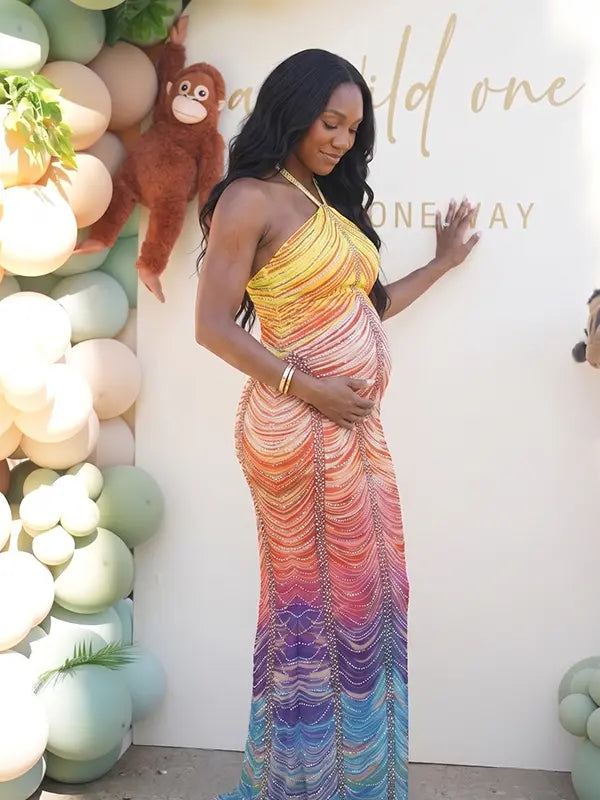 Rainbow Rhinestone Maternity Maxi Dress – Halter Neck Bodycon Gown with Gradient Beaded Design Elegant Photoshoot Dress