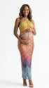 Rainbow Rhinestone Maternity Maxi Dress – Halter Neck Bodycon Gown with Gradient Beaded Design Elegant Photoshoot Dress