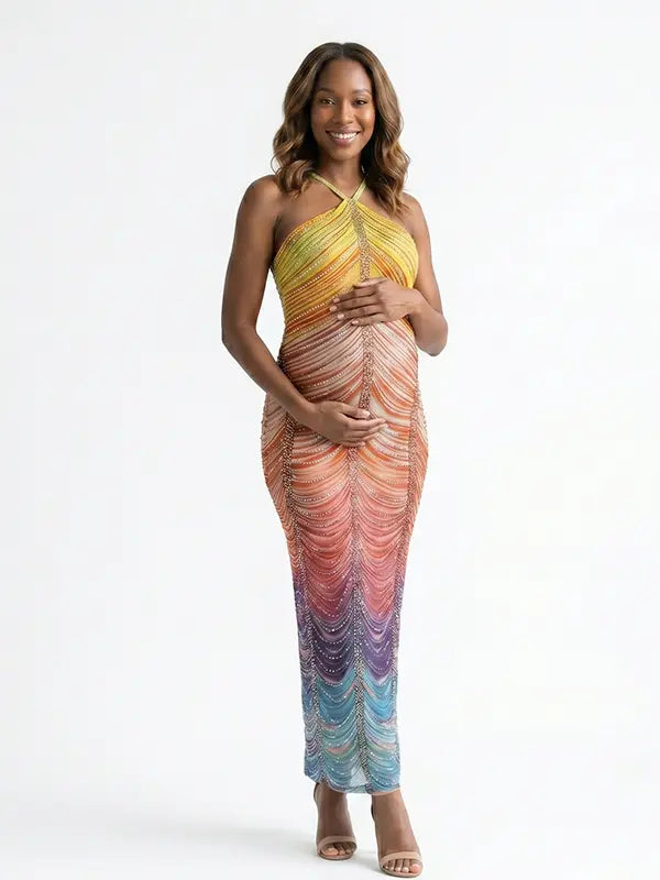 Rainbow Rhinestone Maternity Maxi Dress – Halter Neck Bodycon Gown with Gradient Beaded Design Elegant Photoshoot Dress